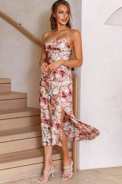 Well Versed Pleated Bust Front Split Dress Floral Abstract Print Rose