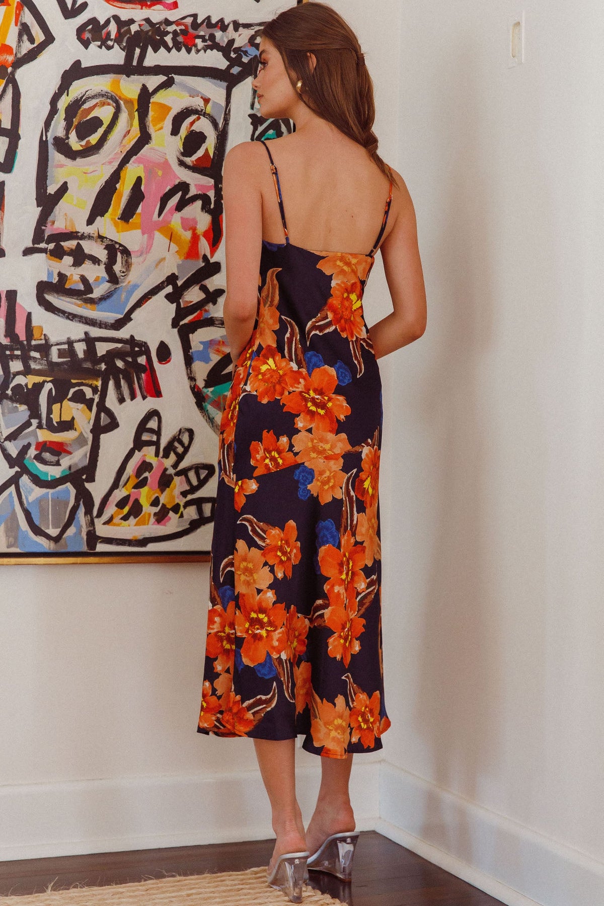 Well Versed Pleated Bust Front Split Dress Flower Orange
