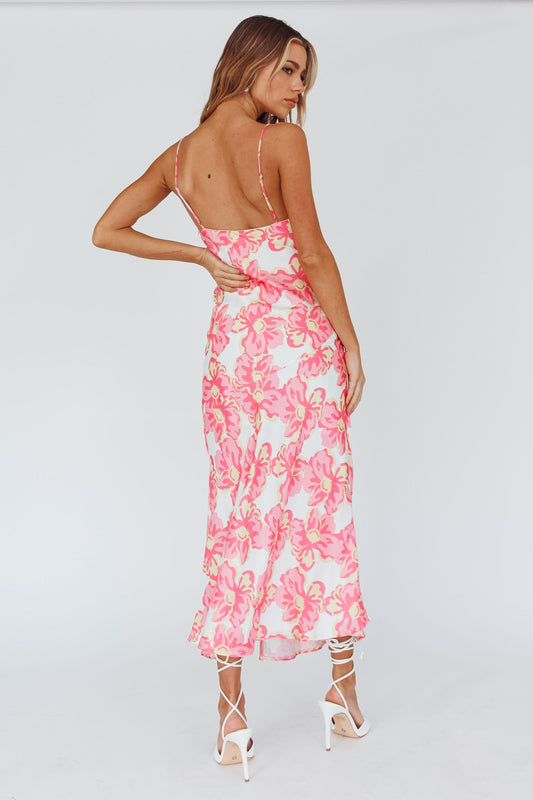 Well Versed Pleated Bust Front Split Dress Flowers Pink
