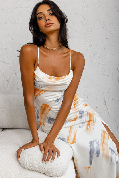 Well Versed Pleated Bust Front Split Dress Paint Print Blue/Orange