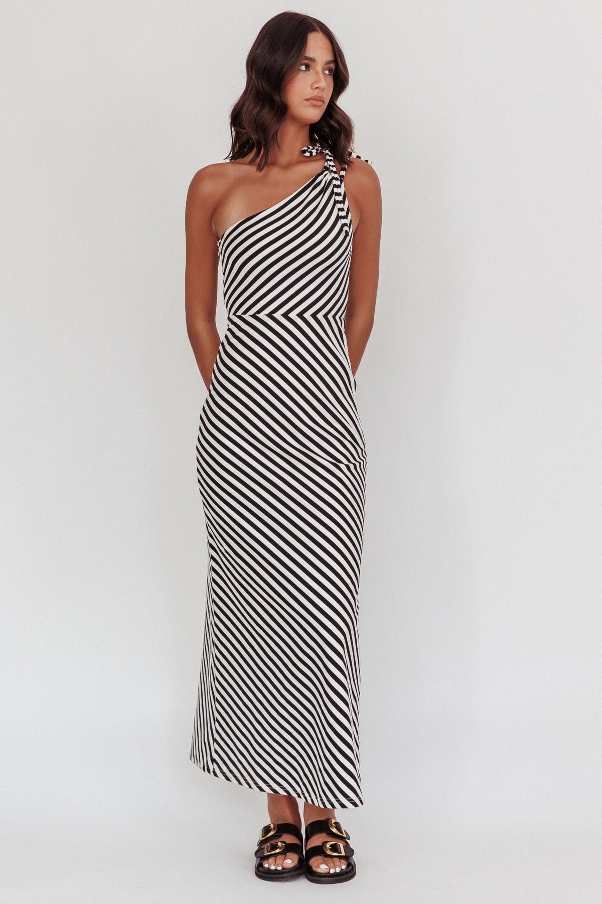 Ocean Road Tied One-Shoulder Maxi Dress Stripe Black