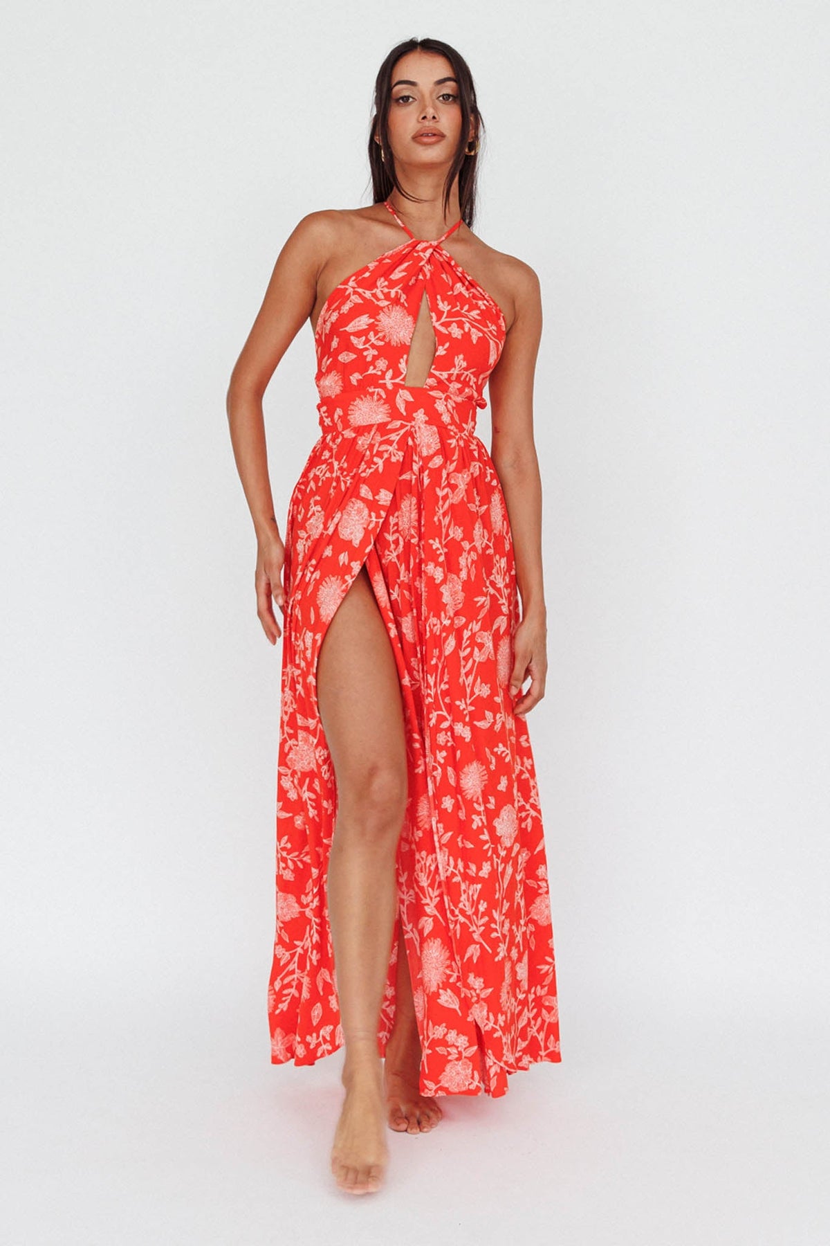 Athena High Split Maxi Dress Floral Print Red