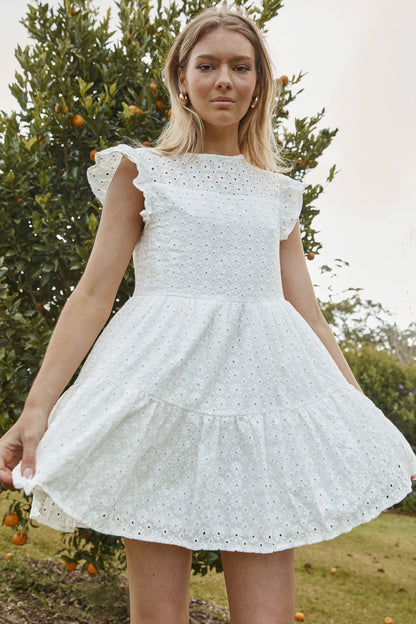 Louise Cap Sleeve Shift Dress Eyelet Embroidery White