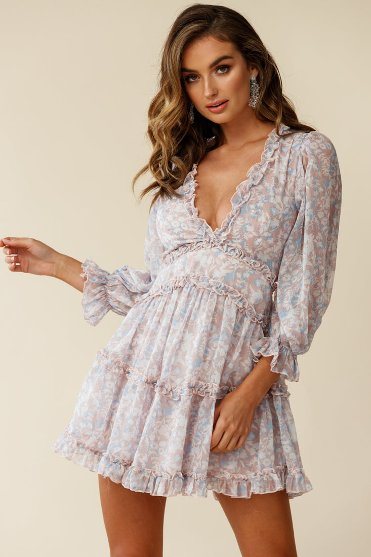 Laney Cutout Back Ruffle Trim Dress Floral Print Pink/Blue