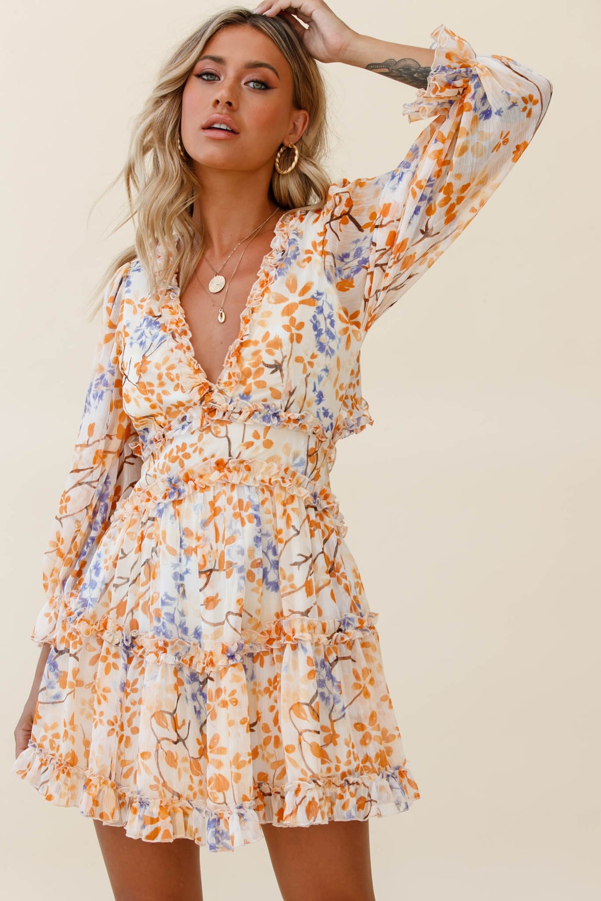 Laney Cutout Back Frill Trim Dress Floral Pattern Orange