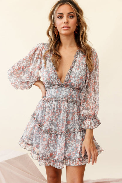 Laney Cutout Back Ruffle Trim Dress Floral Print Grey/Orange