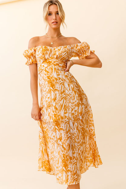 Linka Off-Shoulder Tie Back Midi Dress Printed Orange