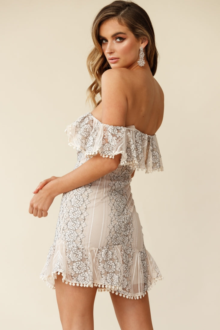 Marmont Off Shoulder Floral Lace Detail Dress Nude