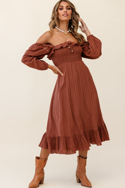 Flynn Off-Shoulder Shirred Bust Midi Dress Tan