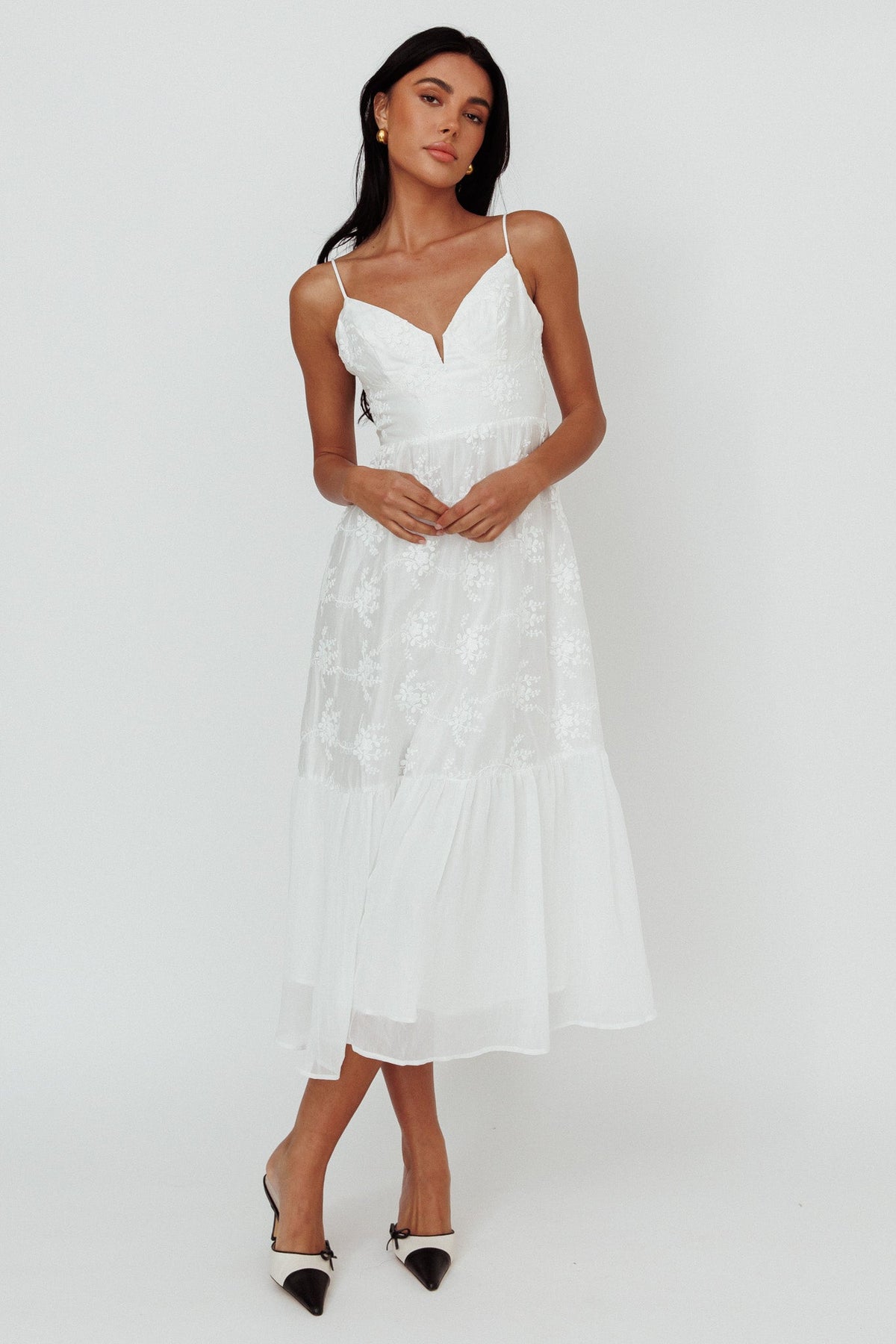 Lake Como Floral Embroidered Midi Dress White