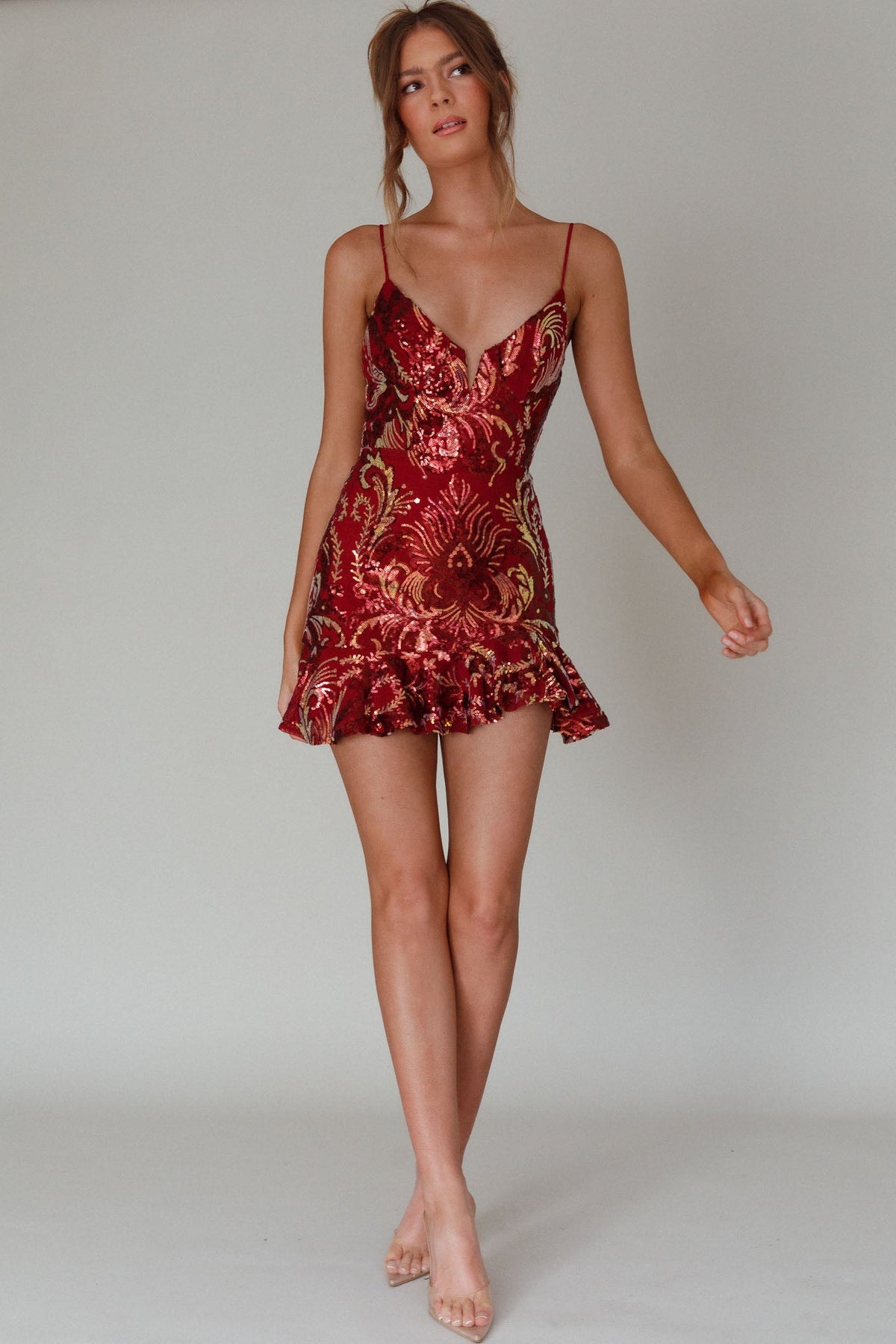 Lake Como Fitted Bodice Sequin Mini Dress Red