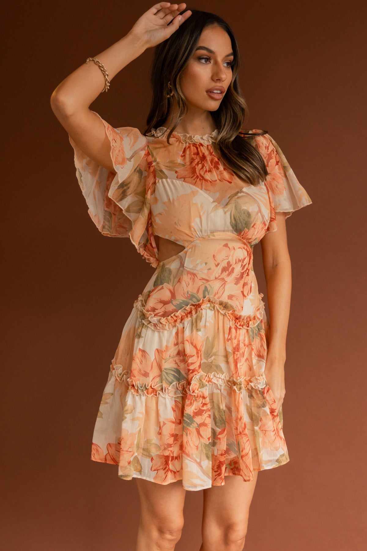 Tres Chic Flutter Sleeve Cut-Out Dress Botanical Tangerine