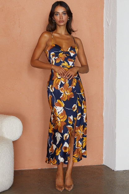 Missoula Cami Strap Padded Bust Midi Dress Floral Print Navy