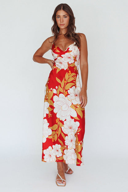 Infinity Pintuck Bust Midi Dress Flower Red
