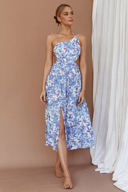 Destination Open Back Midi Dress Floral Blue