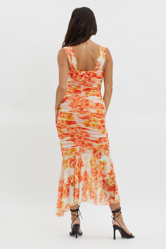 Nadia Ruched Fishtail Midi Dress Floral White