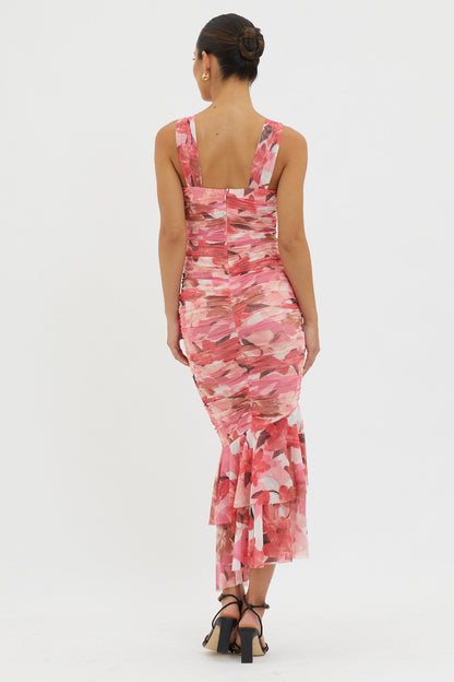 Nadia Ruched Fishtail Midi Dress Floral Pink