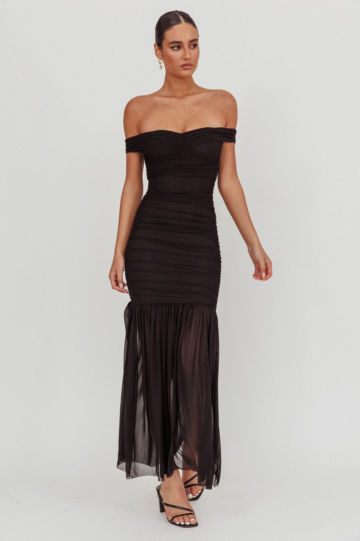 La Salle Off Shoulder Mesh Maxi Dress Black