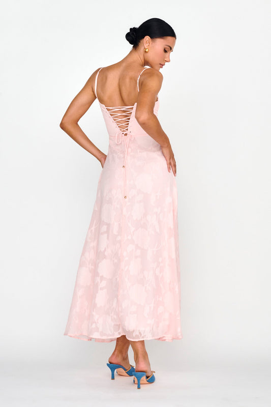 Well Wishing Textured Laced Back Midi Dress Pink