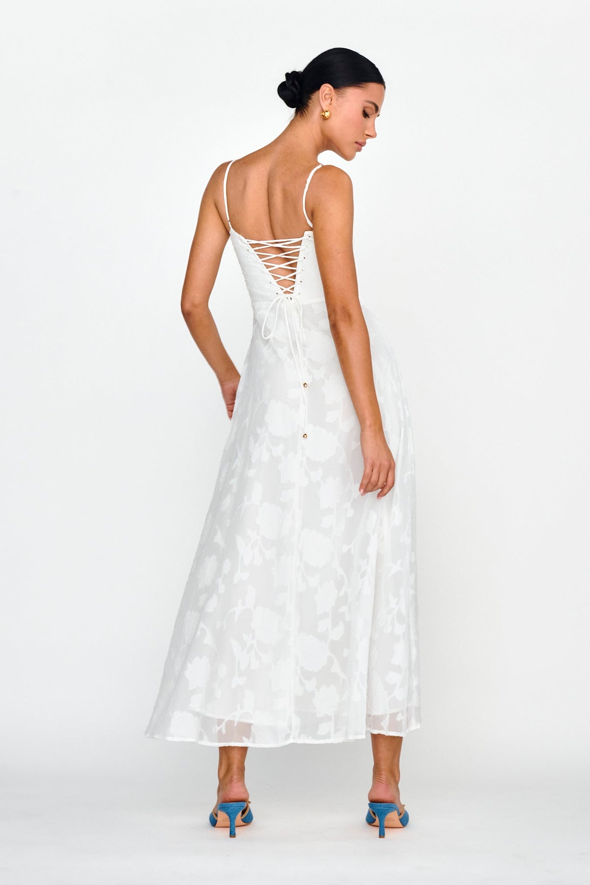 Well Wishing Textured Laced Back Midi Dress White