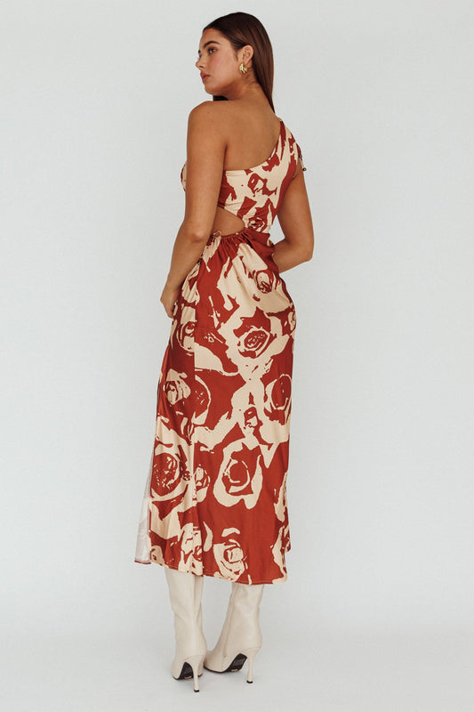 Charisma One-Shoulder Cut-Out Midi Dress Floral Coffee