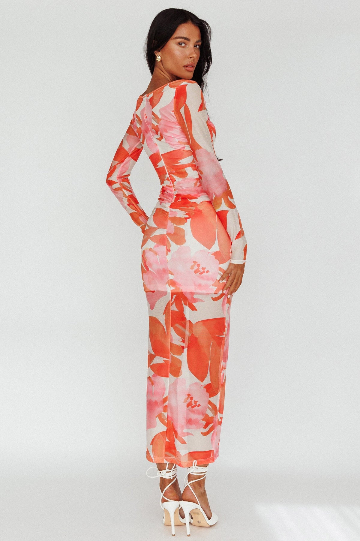 Chardae Long Sleeve Mesh Midi Dress Floral Pink