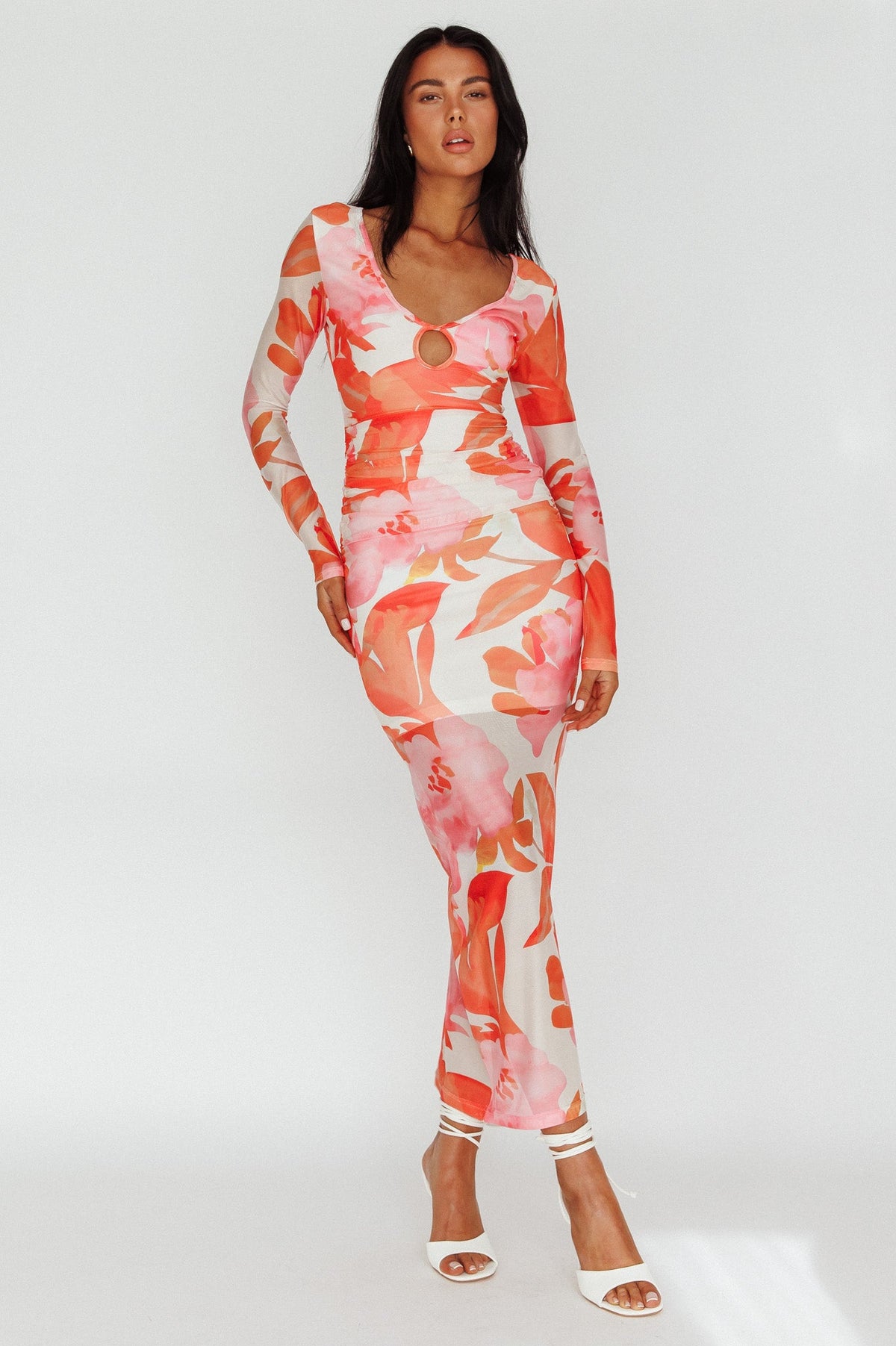 Chardae Long Sleeve Mesh Midi Dress Floral Pink