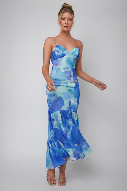 Sunni Low Back Midi Dress Floral Blue