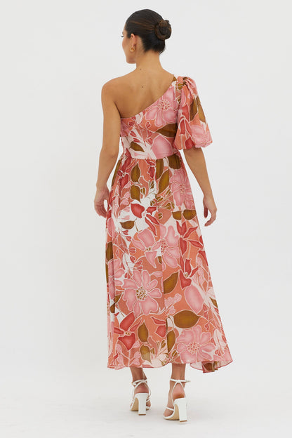 Jayni Puffed One Shoulder Midi Dress Red