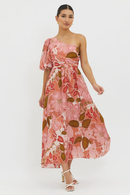 Jayni Puffed One Shoulder Midi Dress Red