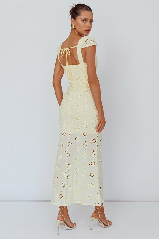 Bohemian Sun Cap Sleeve Eyelet Midi Dress Yellow