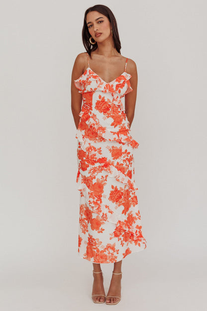 Silvana Frill Trim Maxi Dress Floral Orange