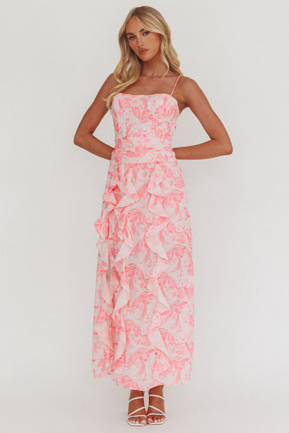Serif Ruffle Trim Split Maxi Dress Pink