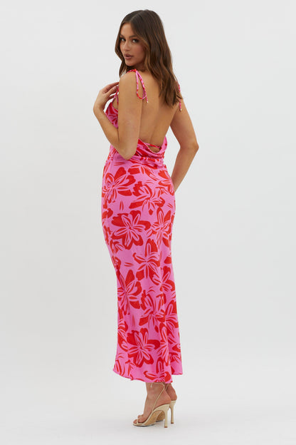 Luau Tied Shoulder Print Dress Pink