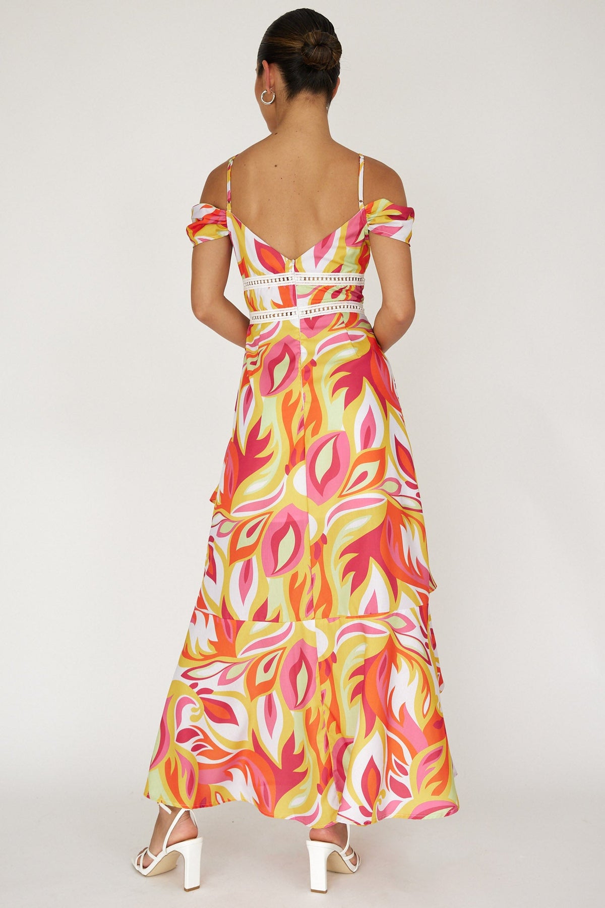 Seina Off-Shoulder Crochet Trim Dress Print Orange