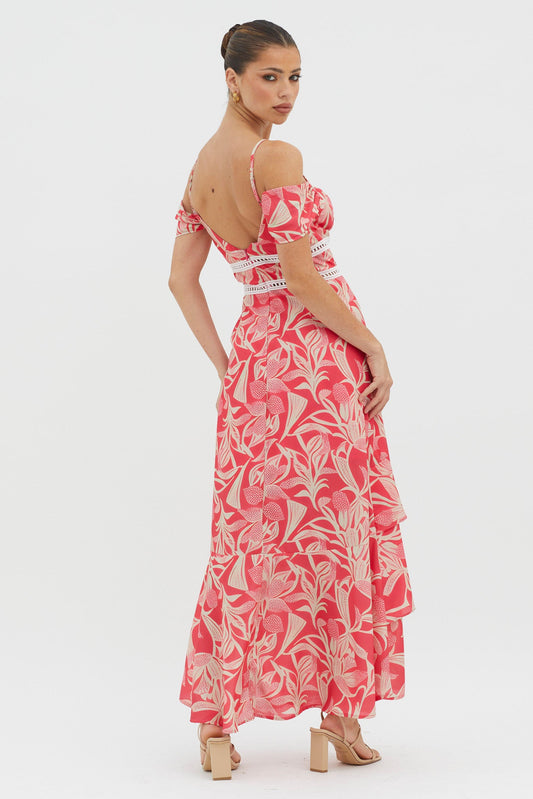 Seina Off-Shoulder Crochet Trim Dress Print Red