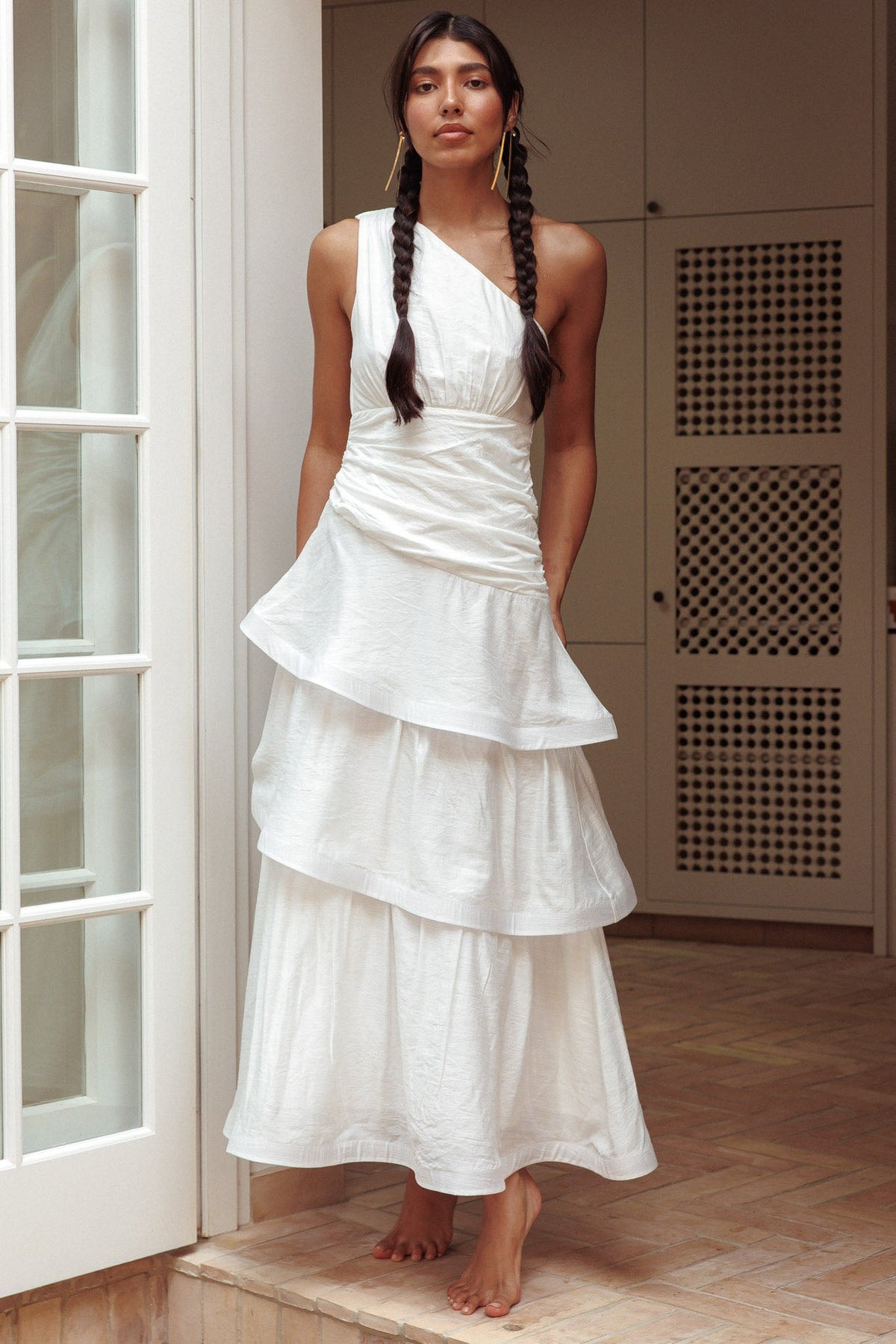 Kenny One Shoulder Tiered Maxi Dress White