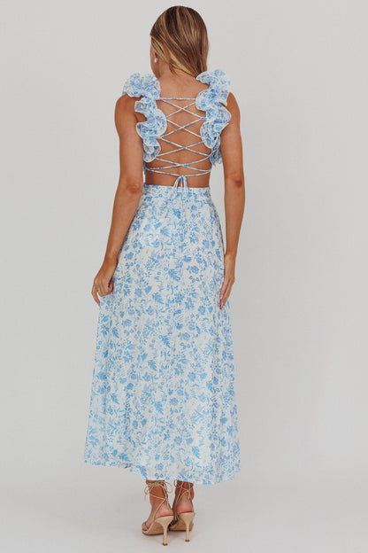 Madara Lace-Up Back Maxi Dress Flowers Blue