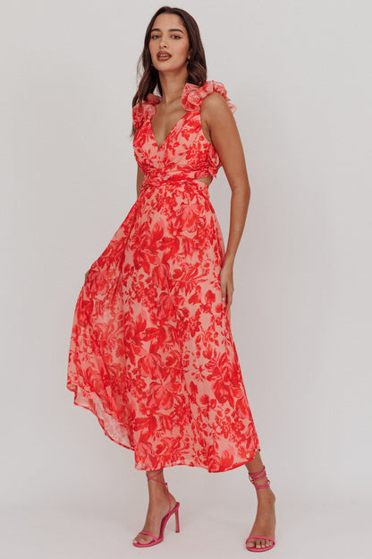 Madara Lace-Up Back Maxi Dress Floral Red