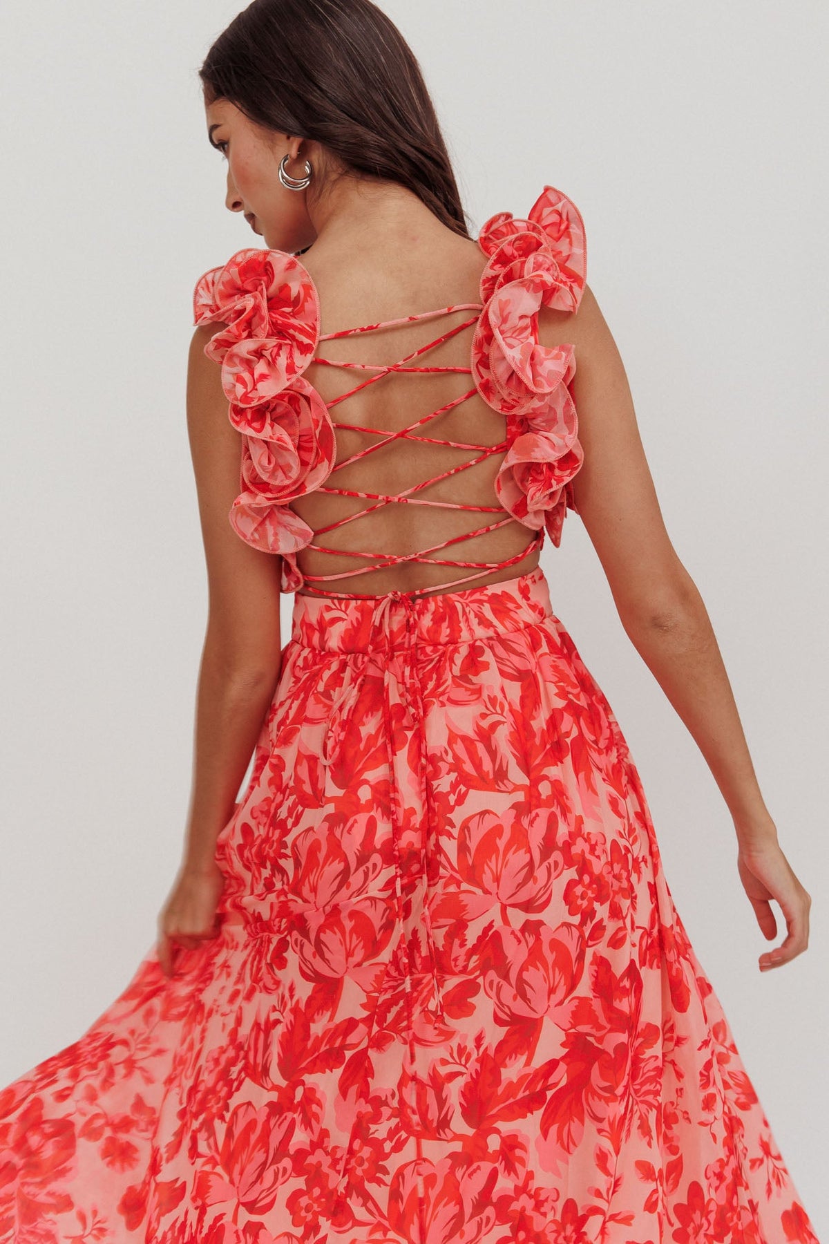 Madara Lace-Up Back Maxi Dress Floral Red