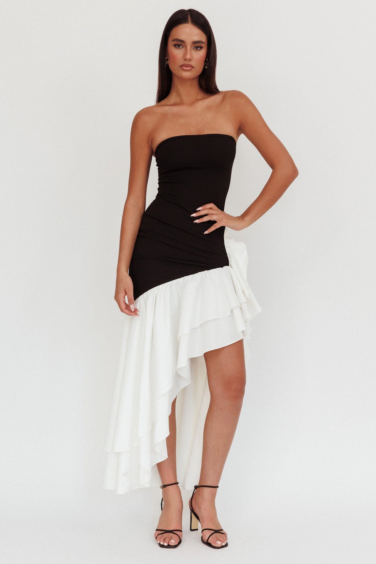 Cha Cha Strapless Thigh Split Dress Black/White