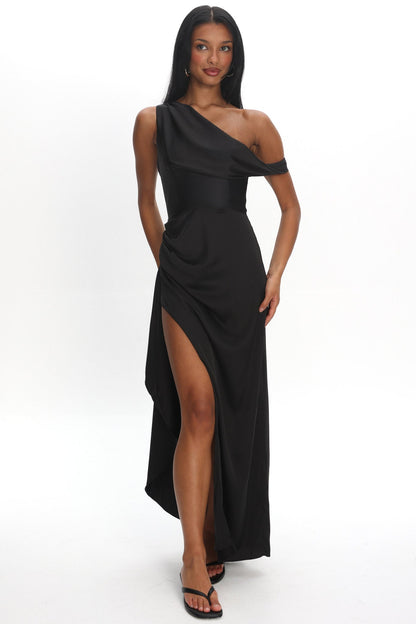 Sensations Off Shoulder Satin Maxi Dress Black
