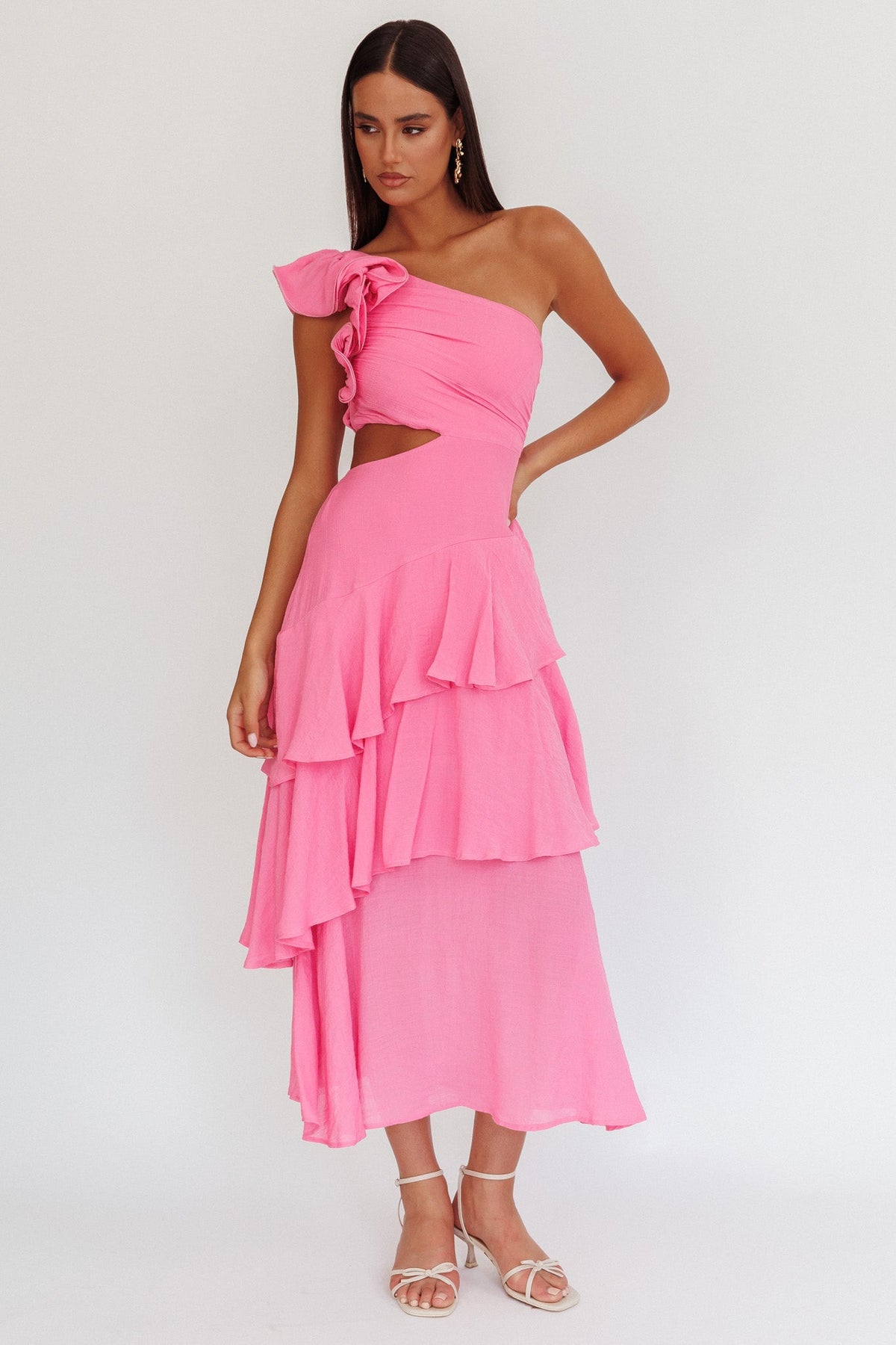 Deanna One-Shoulder Tiered Maxi Dress Pink