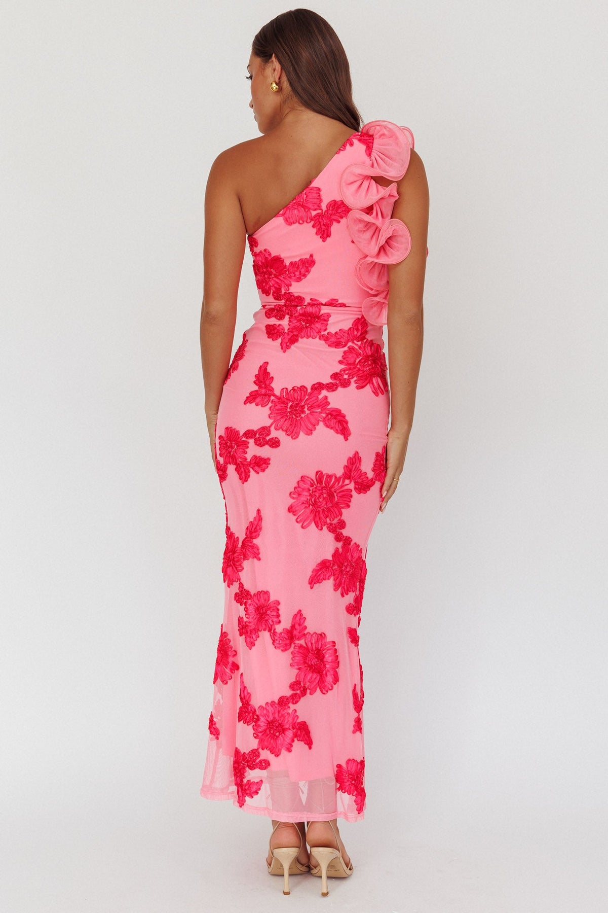 Deanna One-Shoulder Ruffle Maxi Dress Floral Pink
