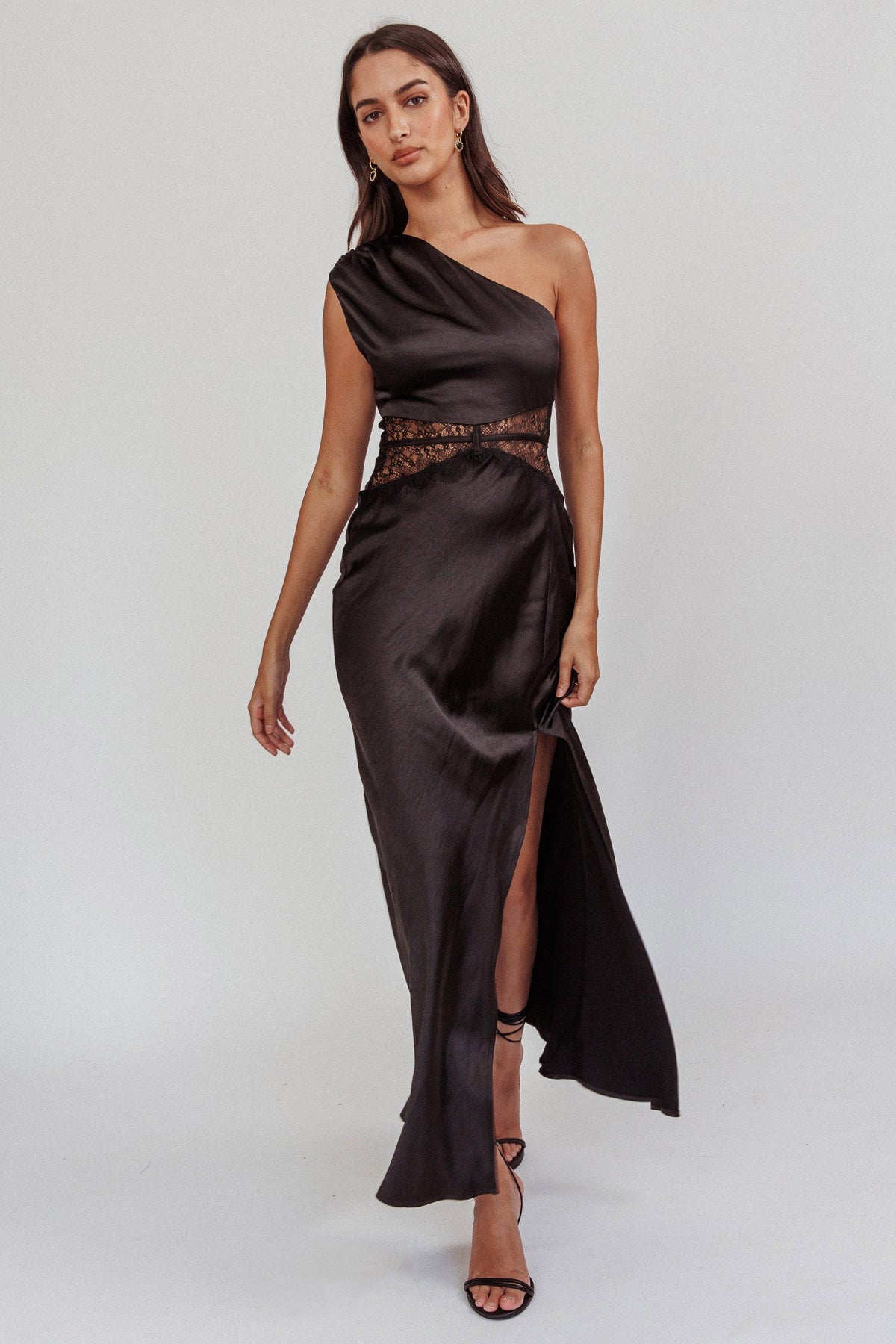 Tarly Lace Waist One-Shoulder Maxi Dress Black