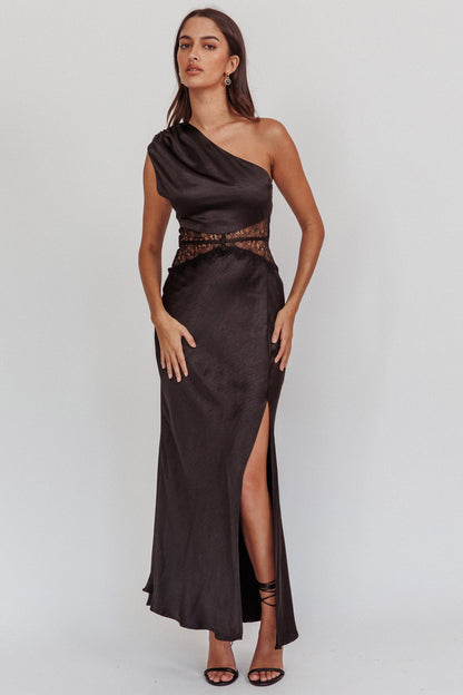 Tarly Lace Waist One-Shoulder Maxi Dress Black
