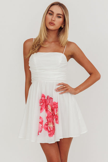 Festivity Flared Bow Floral Mini Dress White