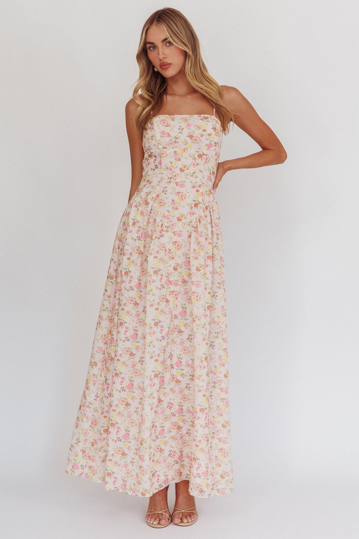 Daisy Day Basque Waist Maxi Dress Floral Pink