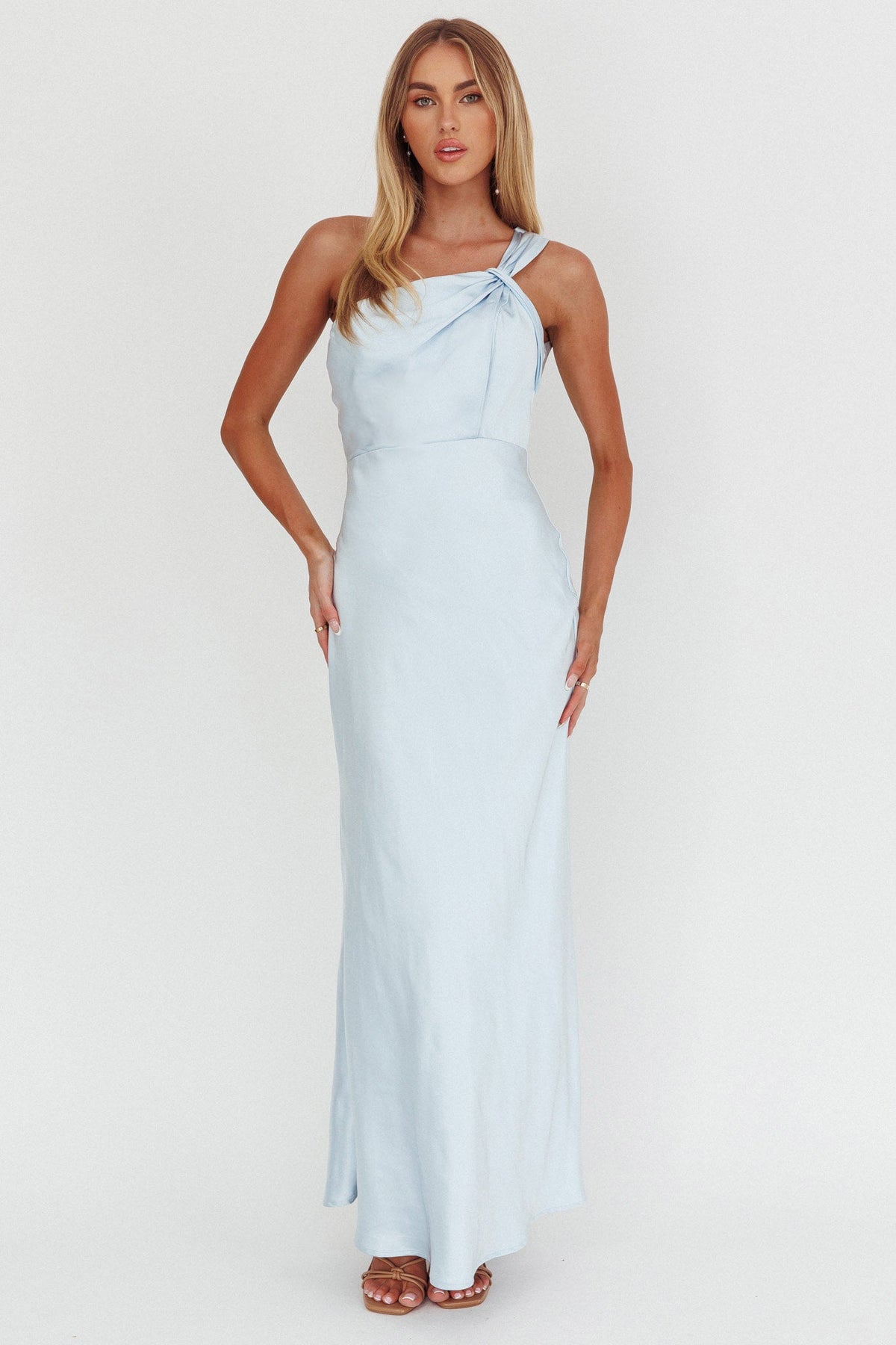 Fly Love Satin One Shoulder Maxi Dress Sky Blue