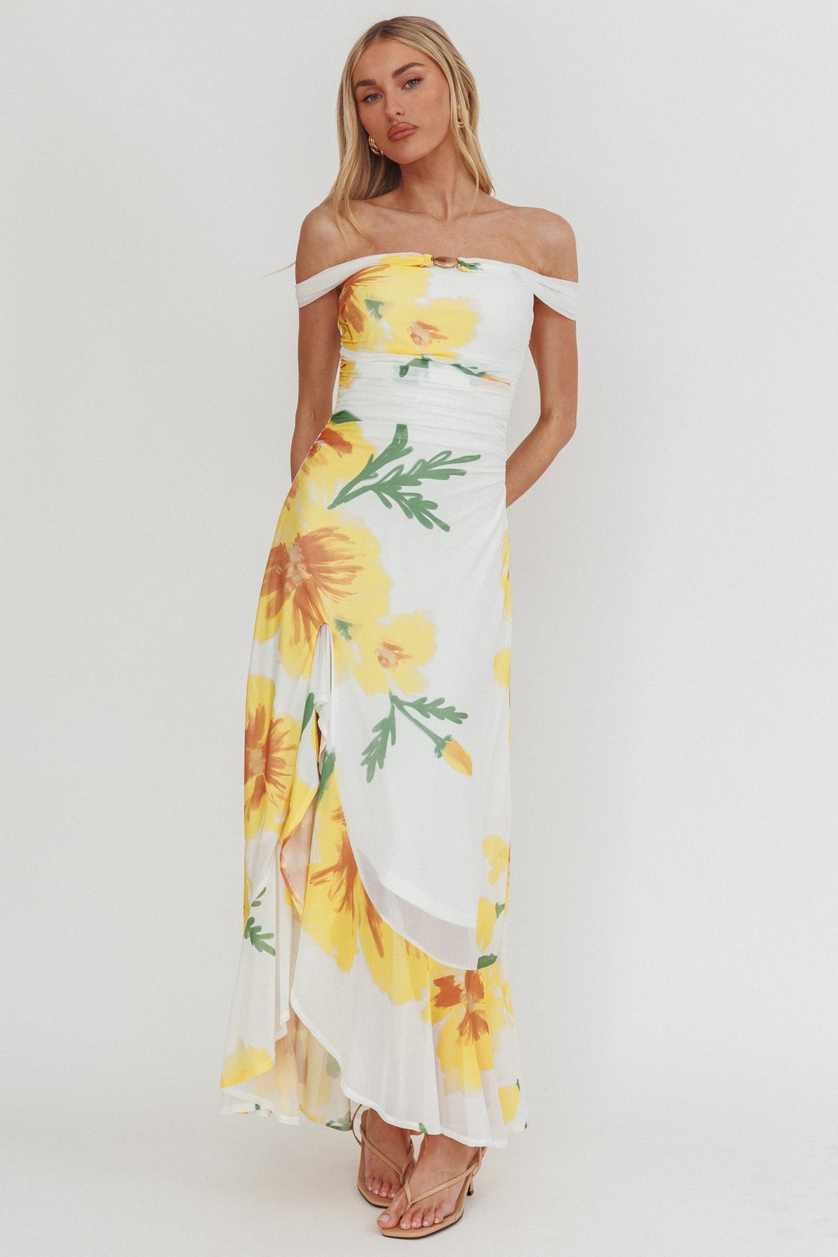 Moonlit Magic Off-Shoulder Split Maxi Dress Flower Yellow